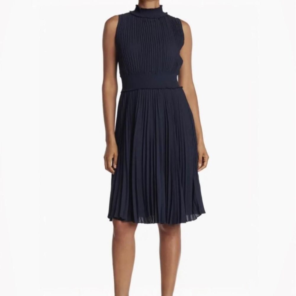 Nanette Lepore Navy Pleated Midi Dress Sz10 Fit & Flare Wedding Guest Cocktail